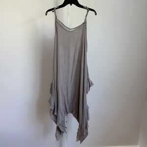 Cecico Crinkle Gauze Dress sz M Taupe tie Sleeveless Asymmetrical Lagenlook